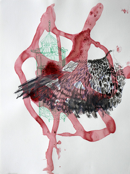 Birdcage with wing, mixed media on paper, 40 x 30cm